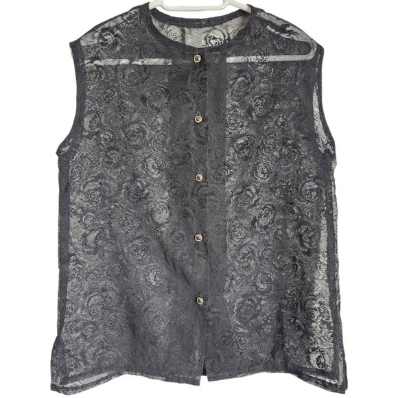Unknown Tops - Vintage Black Floral Lace Button Up Vest